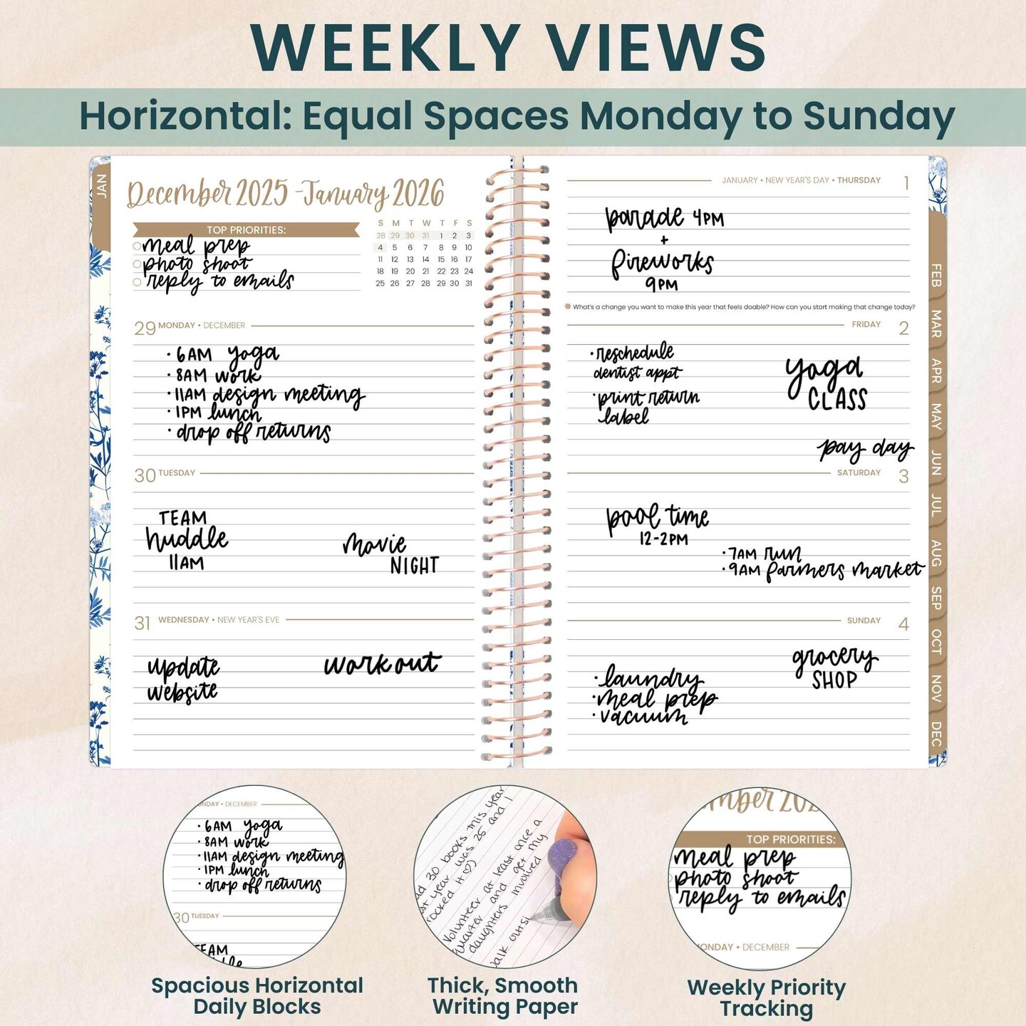 bloom daily planners 2026 Soft Cover Weekly &#x26; Monthly Planner, 5.5&#x22; x 8.25&#x22;, Blue &#x26; White Floral