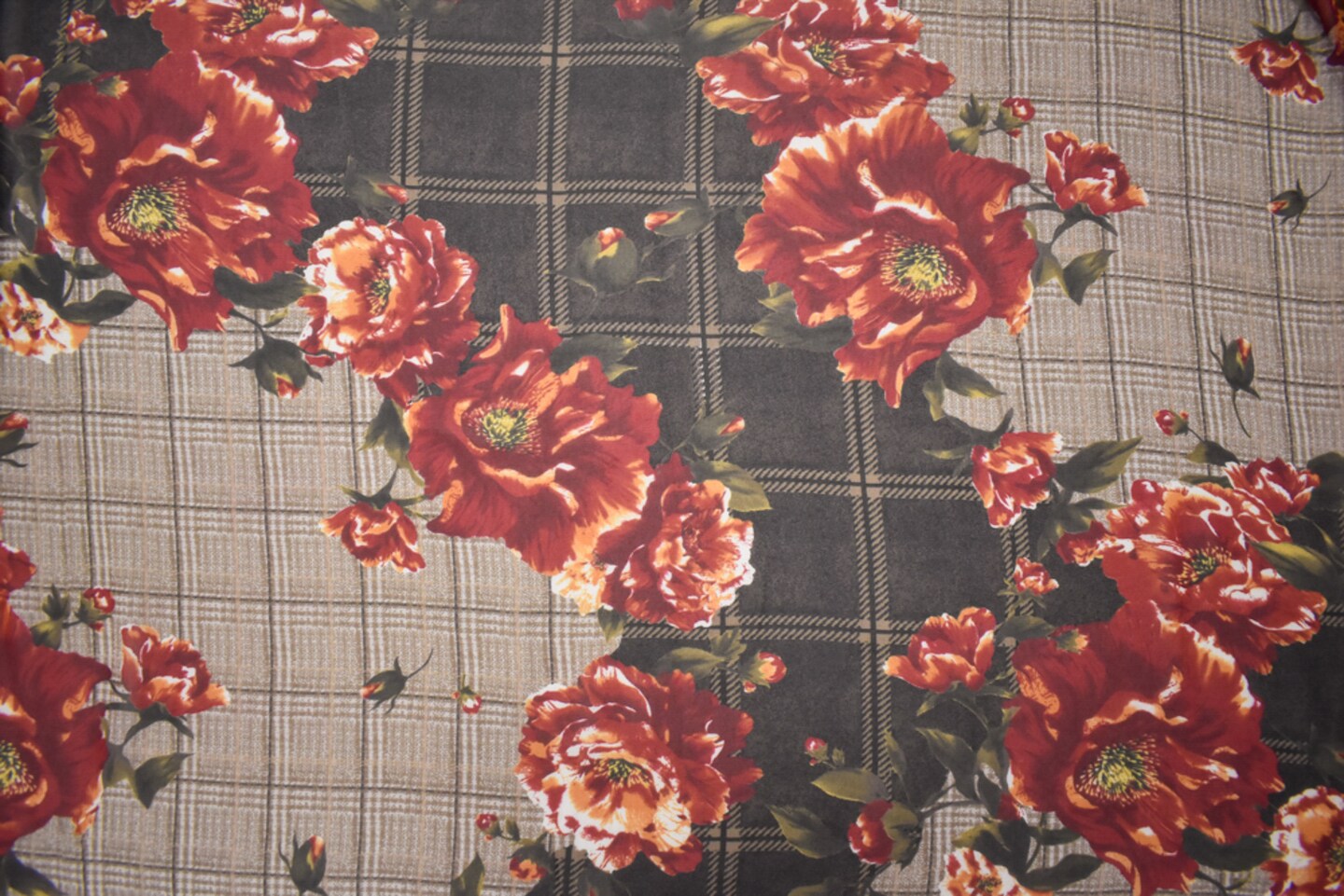 Beige-Red-Multi Poly Plaid Floral Printed Chiffon Woven Fabric By the Yard
