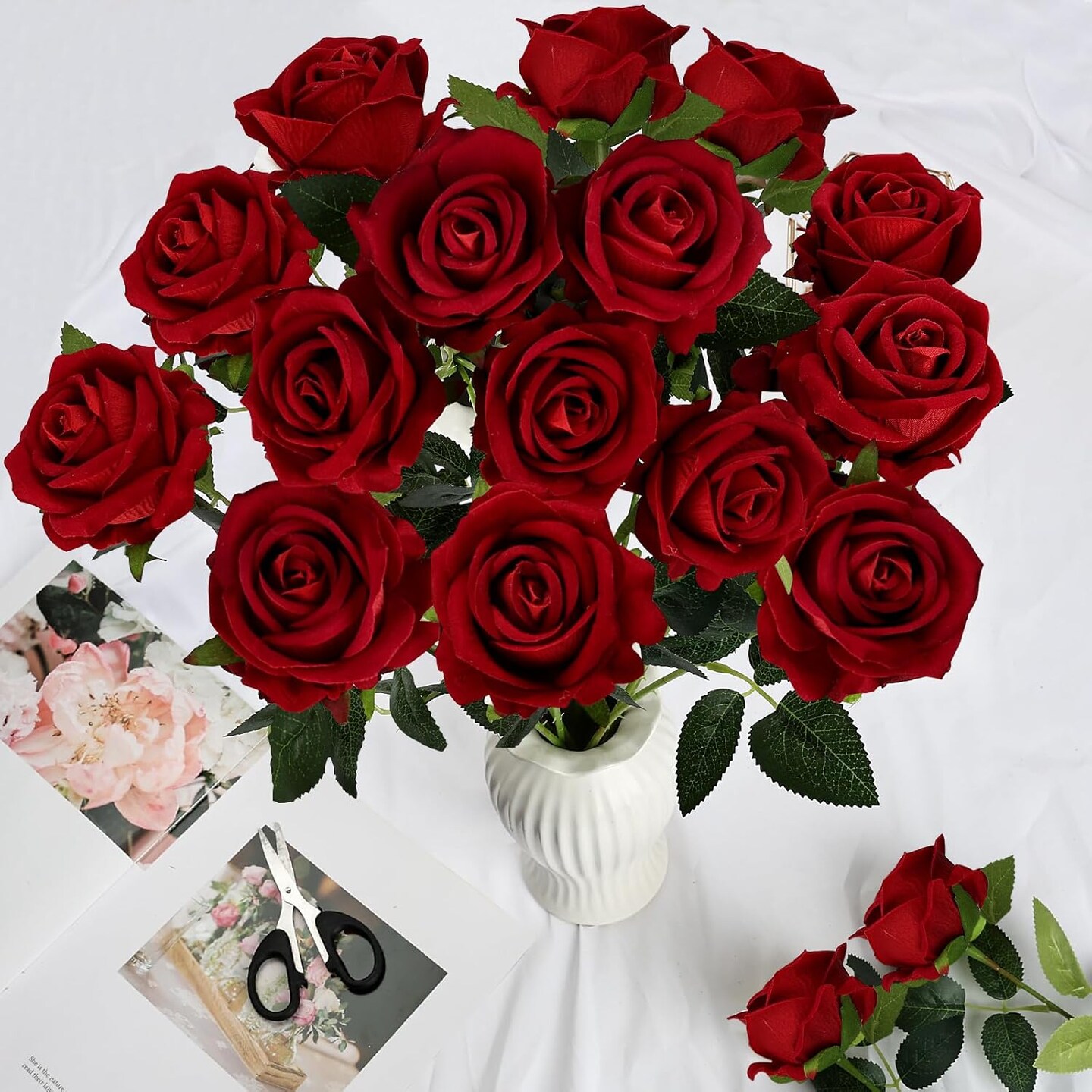 45 Pcs Red Roses Artificial Flowers with Long Stems(red)
