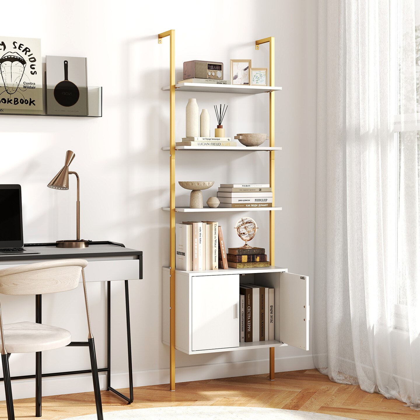 5-Tier Bookshelf with Cabinet and Sturdy Metal Construction