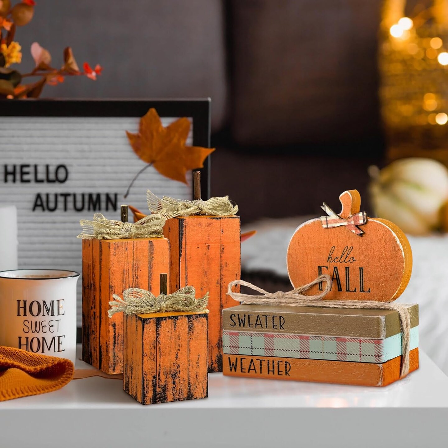7-Piece Thanksgiving Wooden Harvest Decor Set – Retro Stacked Books, Pumpkin Block Signs & Table Centerpiece Bundle for Tiered Tray, Shelf, Office, Party & Fall Home Decoration