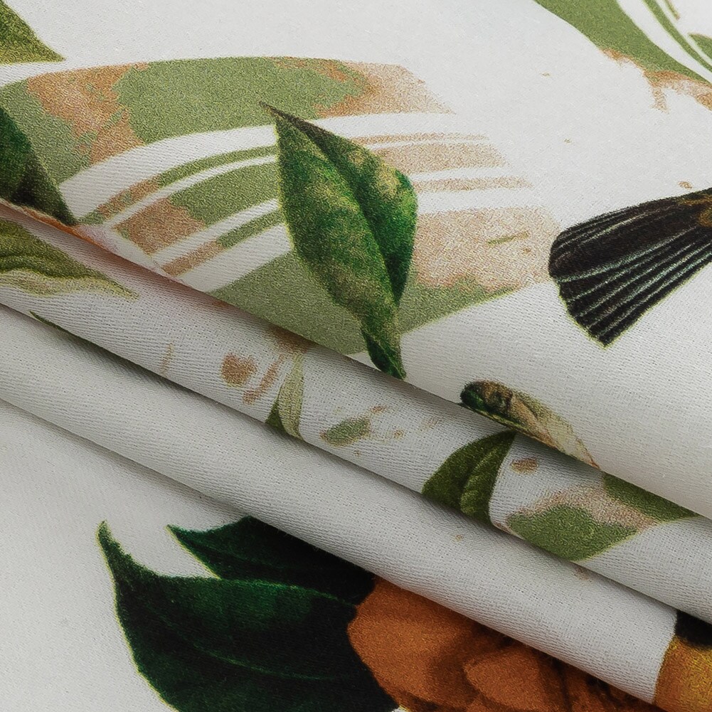 1 Yard Leaf Green and Orange Crosshatch Birds and Florals Mercerized Organic Egyptian Cotton Shirting Floral Fabric