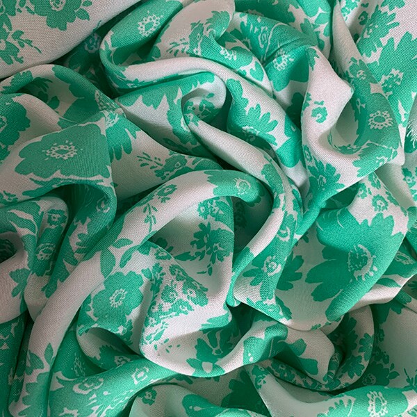 Aqua and White Daisy Print Rayon Challis Fabric By the Yard