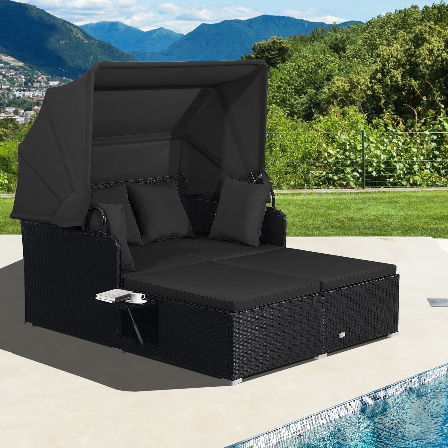Outdoor Rattan Daybed With Canopy PE Wicker Patio Lounge Sofa Set With Cushions Poolside Garden Double Sun Bed Furniture