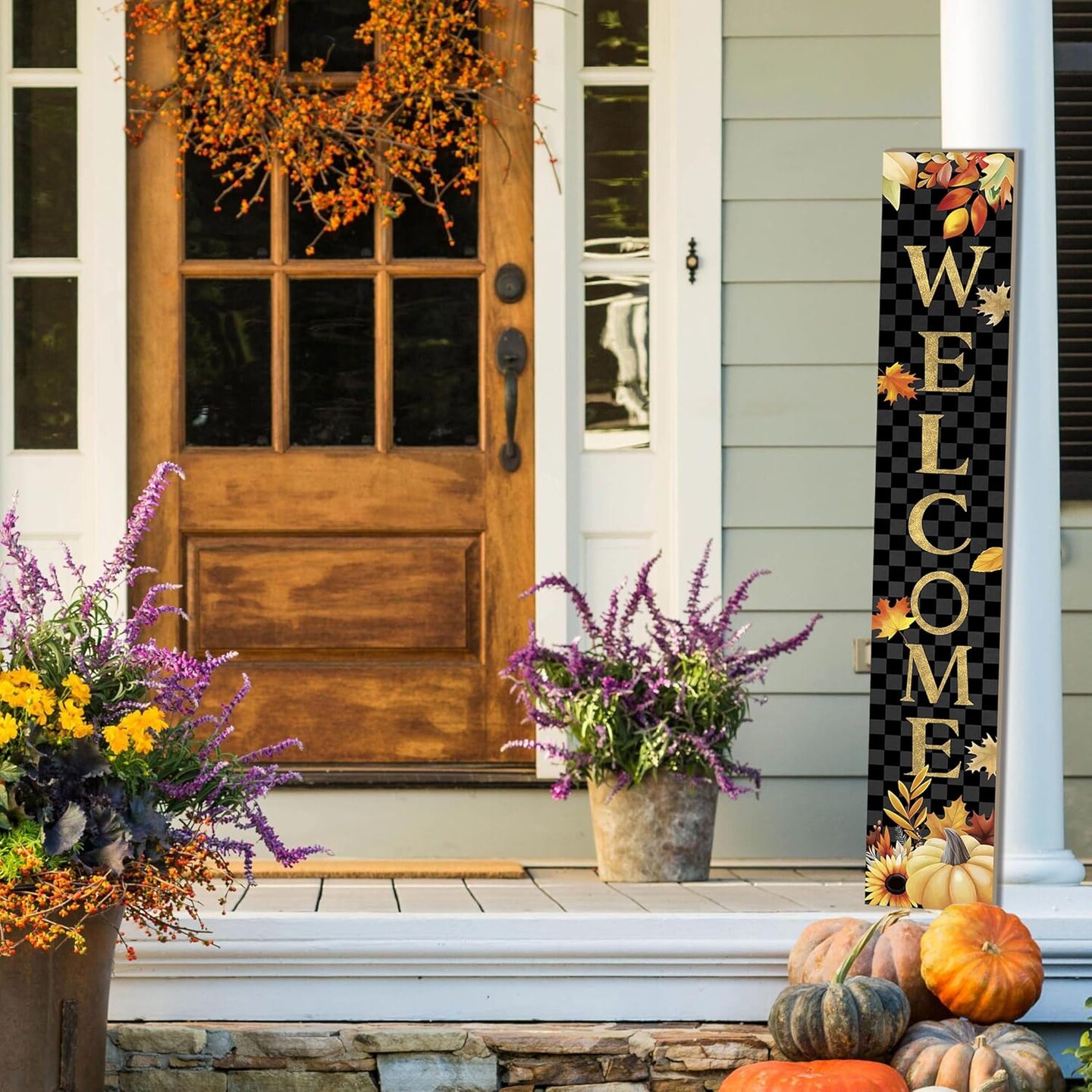 Fall Wooden Porch Sign 47&#x22; Autumn Pumpkin Maple Leaf(Black)