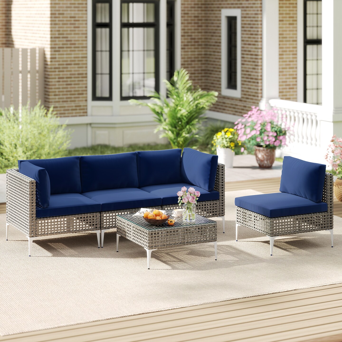 Patio Furniture Set 5-Piece Rattan Chairs with Glass Coffee Table
