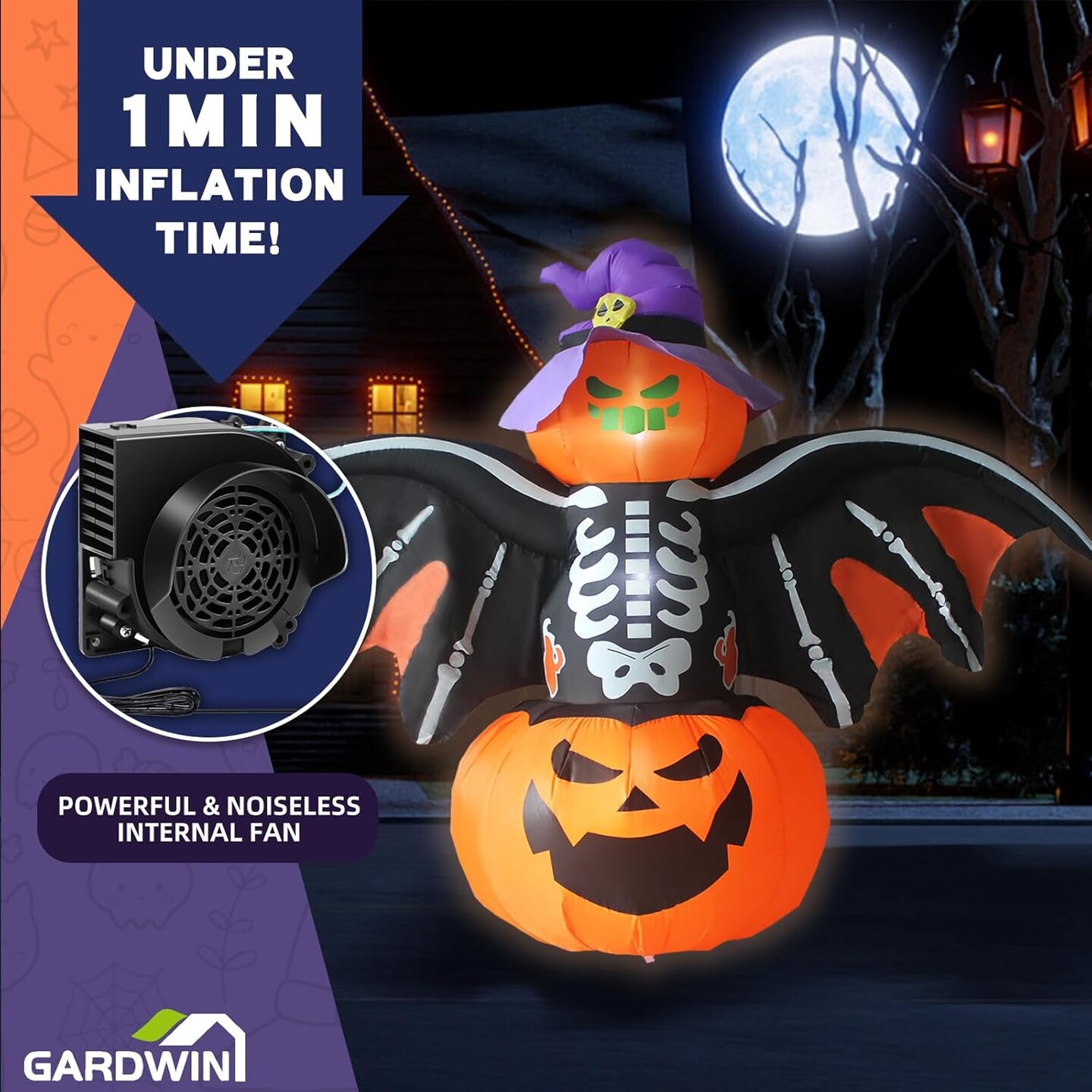 8FT Width Halloween Inflatable Bat Outdoor Decorations with LED Lights (black,yellow,purple)