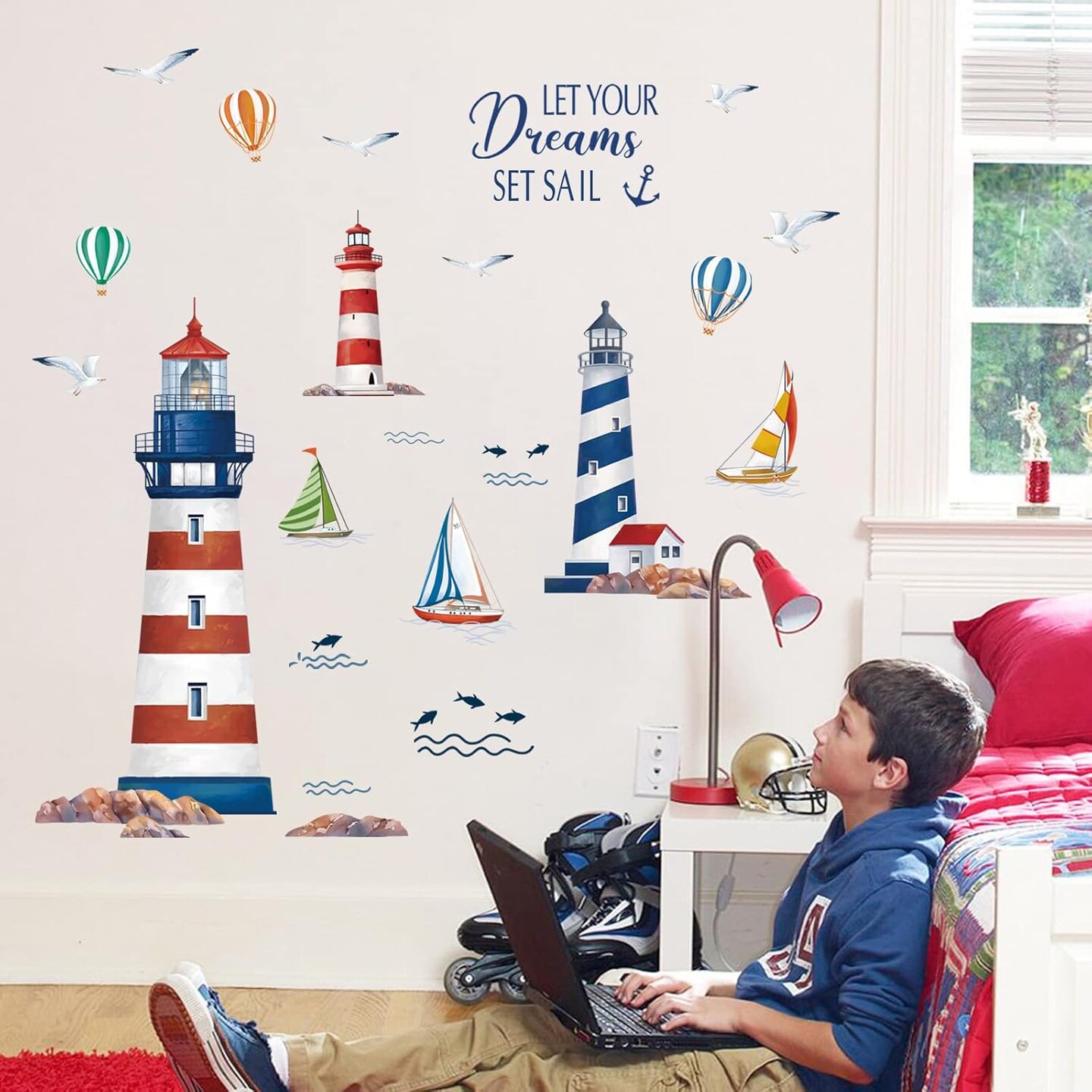 Nautical Lighthouse Wall Stickers Sailboat Seagull Peel (Multicolor)