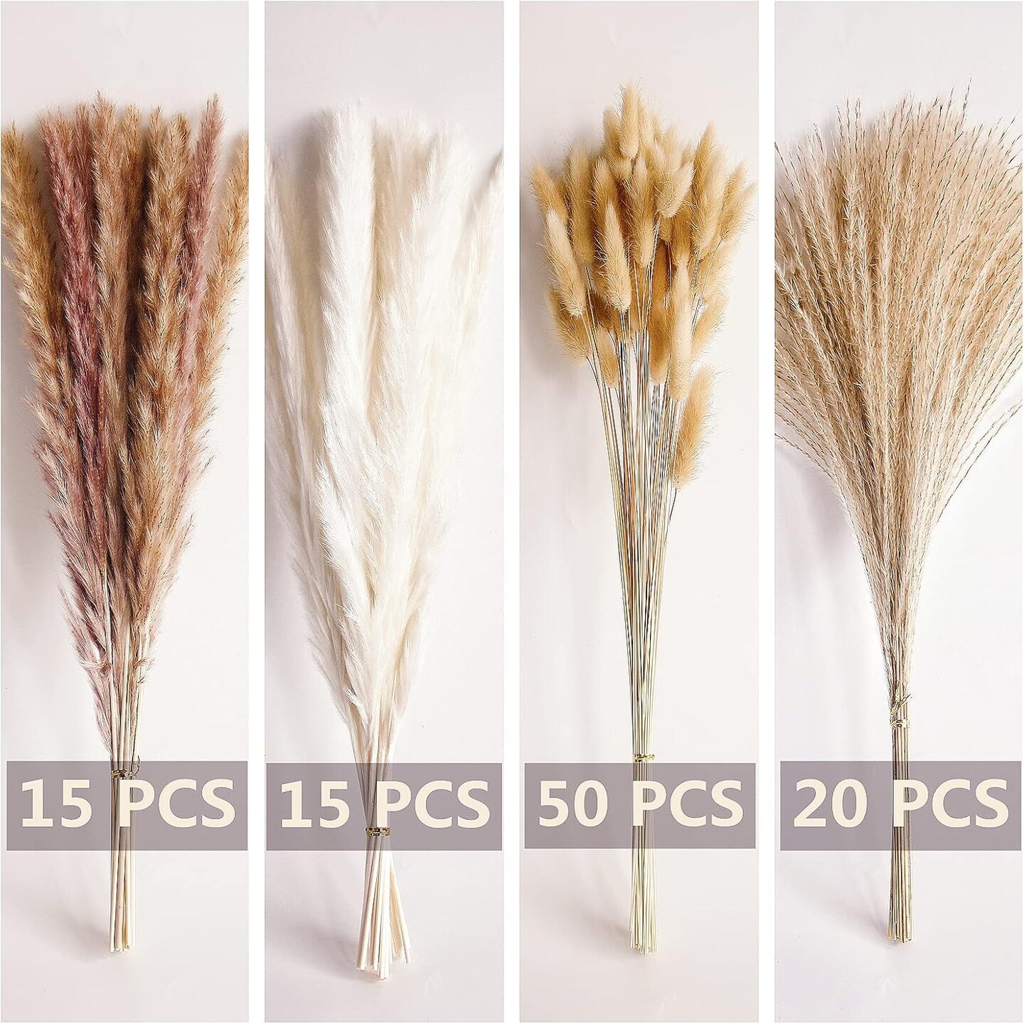 100 PCS Small Boho Pampas Grass, 17" Naturally Dried Pompas, Pampas Grass Decor for Wedding , Boho Party Decorations, Table Decor(Brown and White)