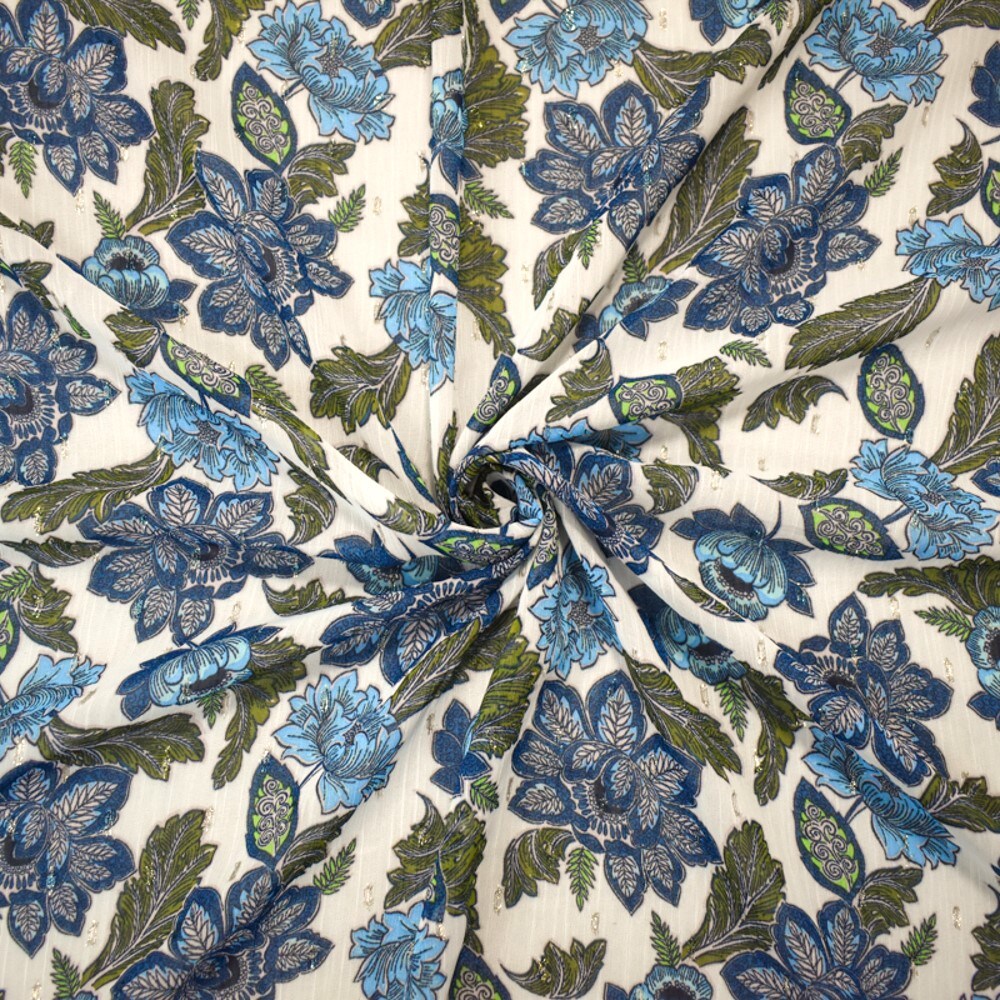 Blue-Gold-Multi Floral Printed Metallic Crinkle Yoryu Chiffon Woven Fabric By the Yard
