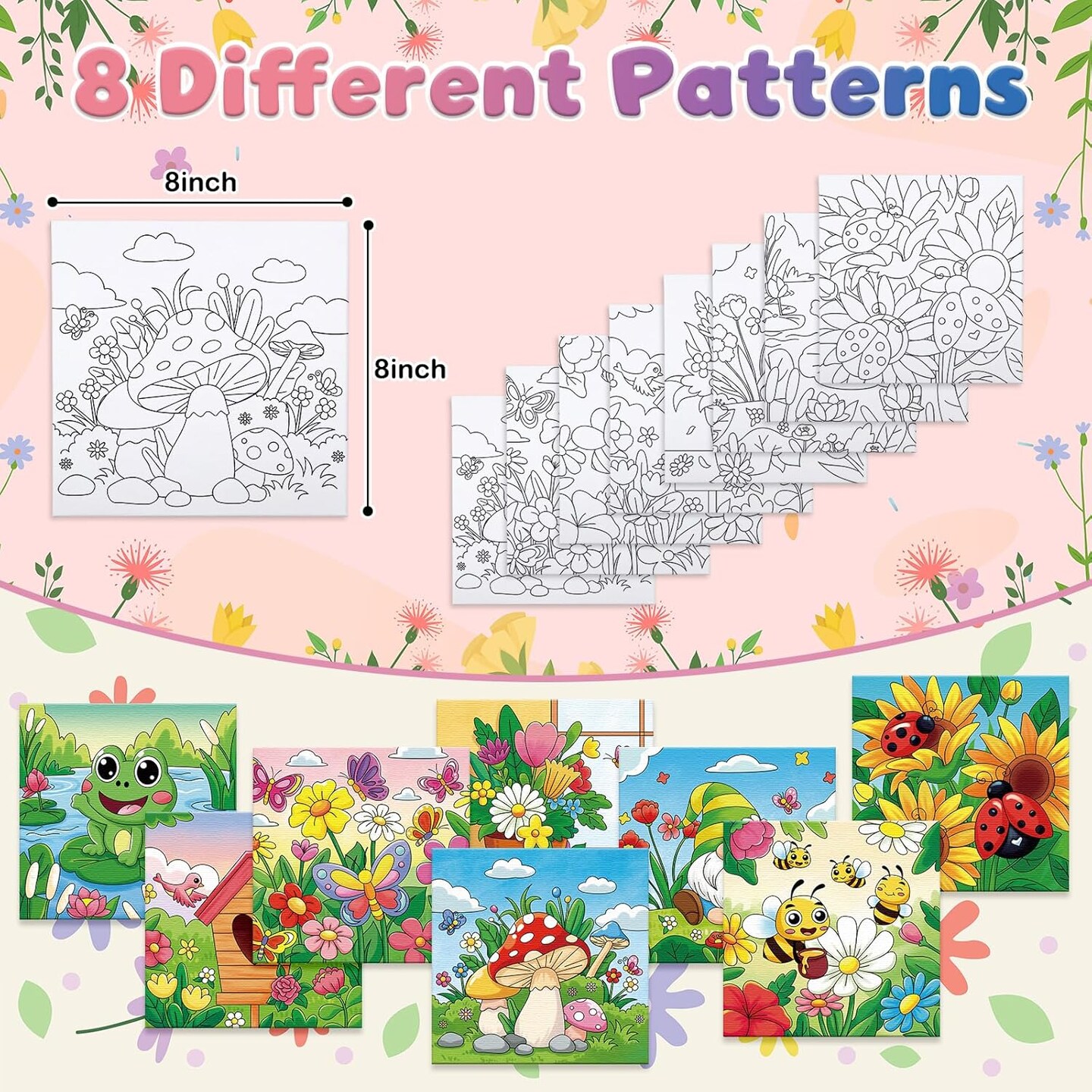 8 Pack Pre Drawn Canvas for Painting, 8" X 8" Cute Animals Painting Canvas Bulk, Art Canvases for Painting for Kids Students School Home (Spring)
