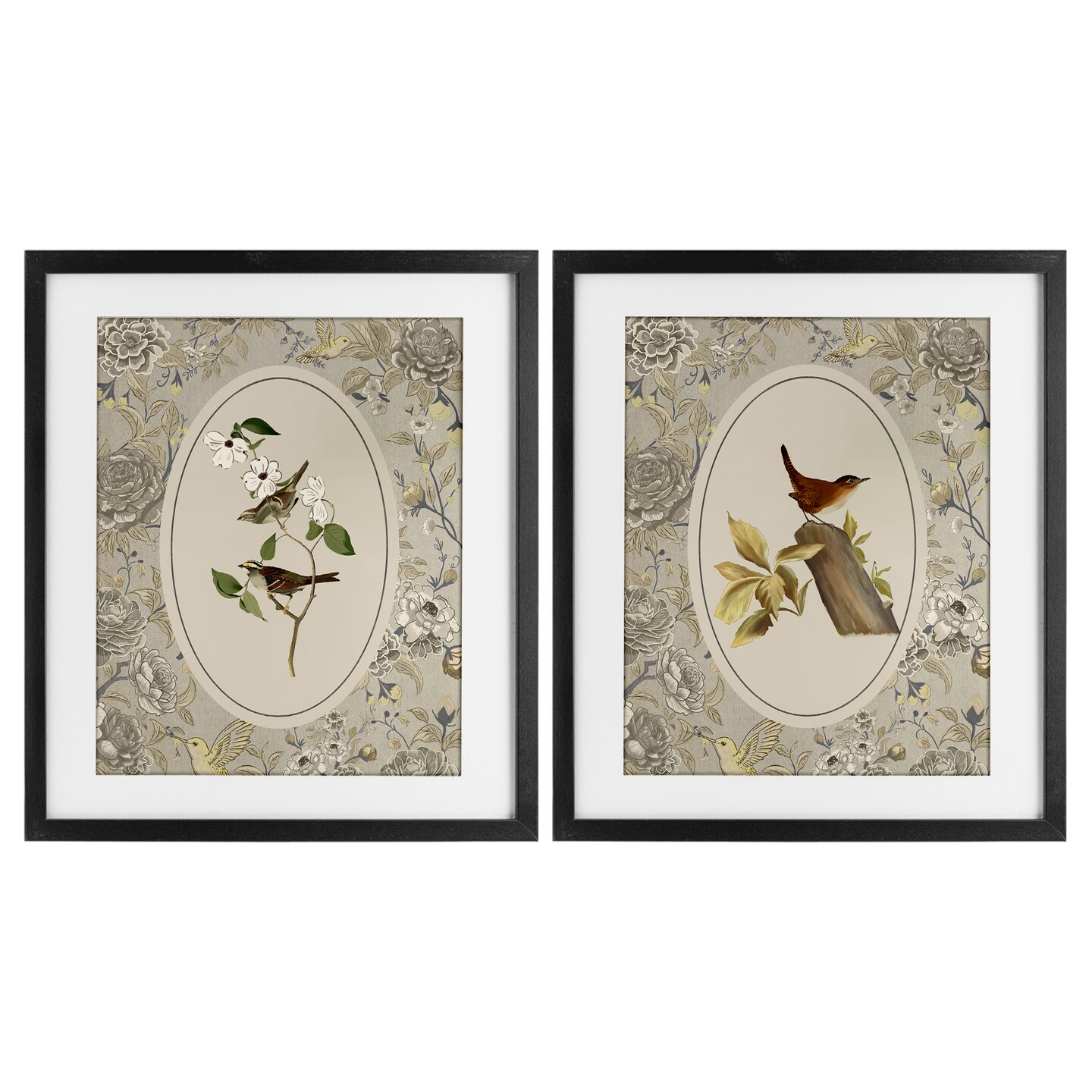 Stupell Industries Vintage Birds & Toile 2pc Framed Print Under Glass Set, design by Radhika Modi