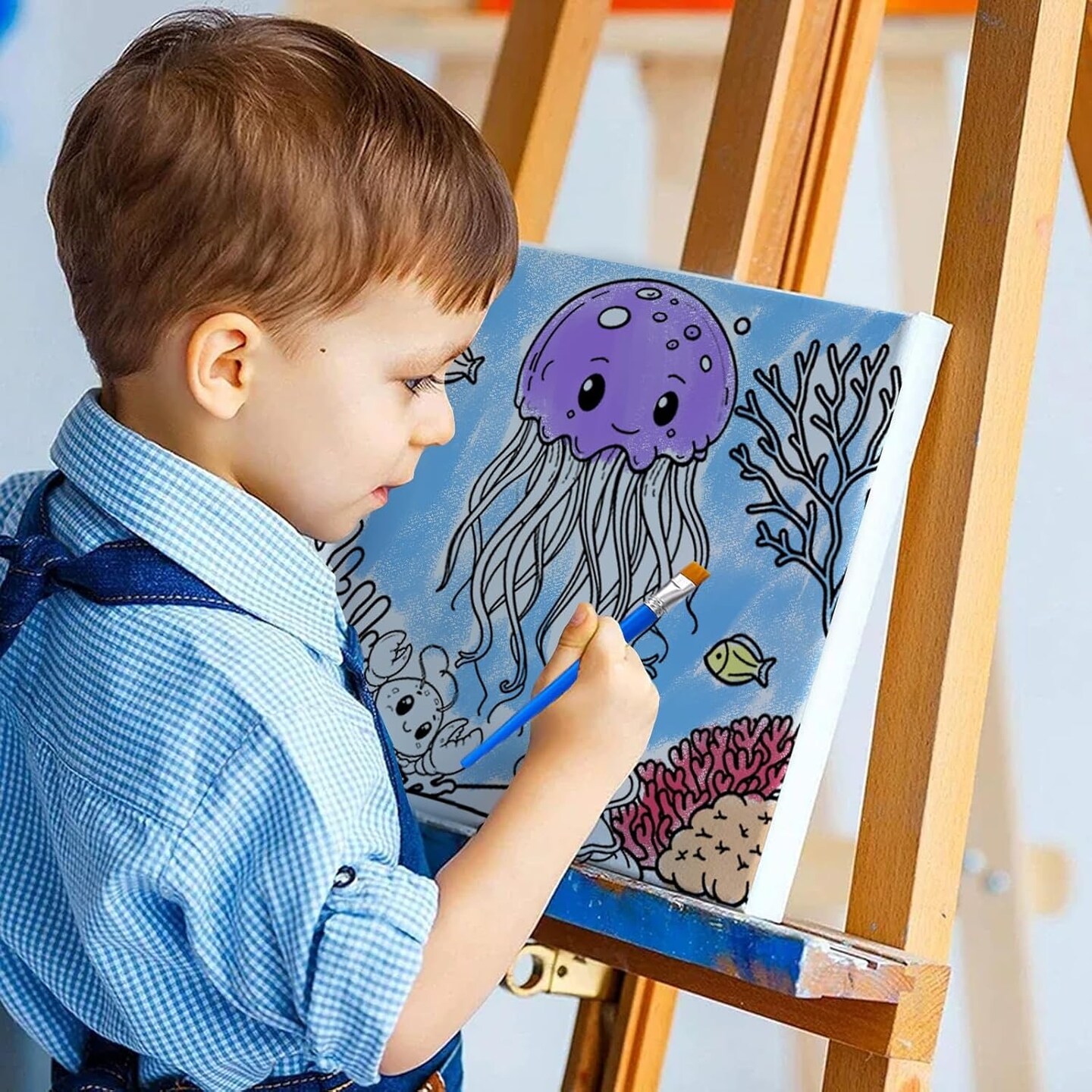 4 Packs 7.8x7.8 Pre Drawn Canvas Paint Set,Paint by Numbers for Kids,48 Paints 8 Brushes 2 Easels