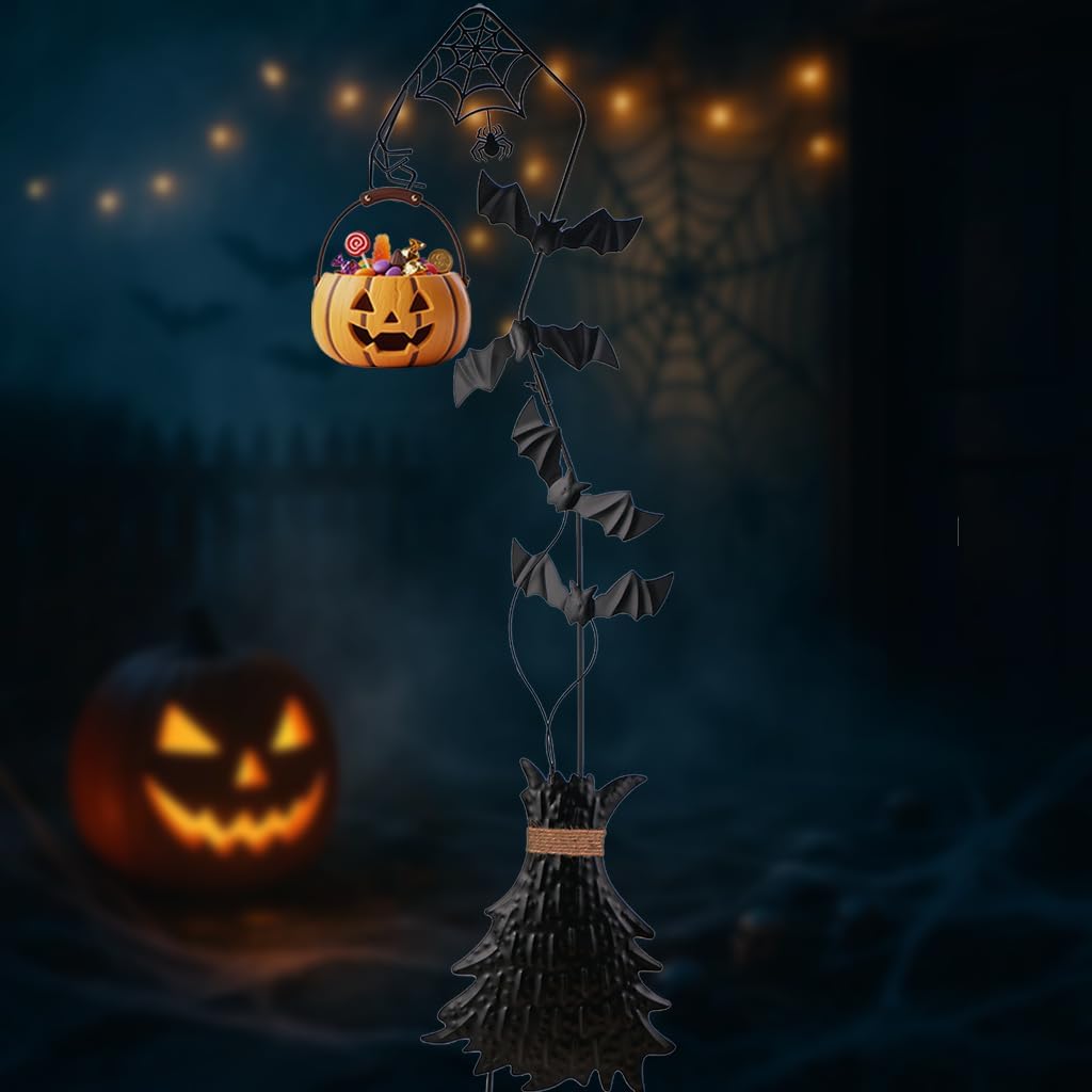Halloween Witch Broom with Bats, Spider Web & Candy Holder Halloween Decoration