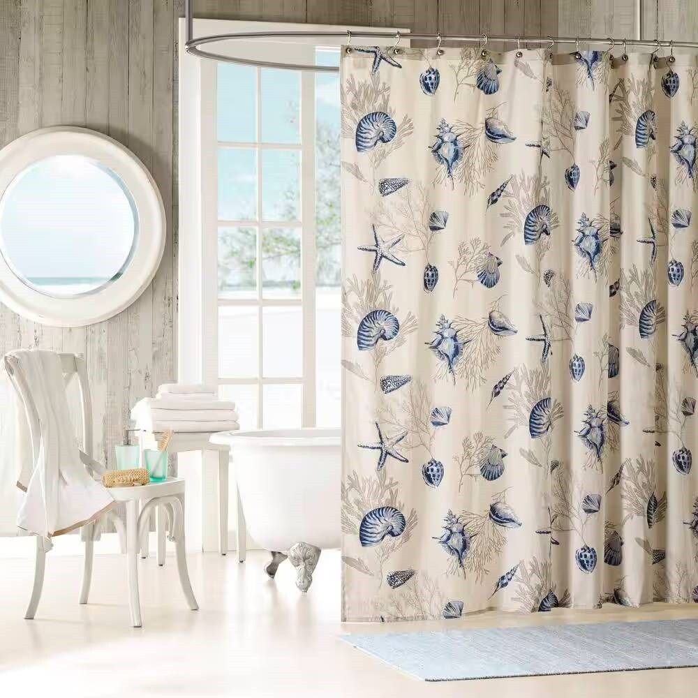 Khaki Beige-Navy Blue Cotton Seashell Shower Curtain Buttonholes