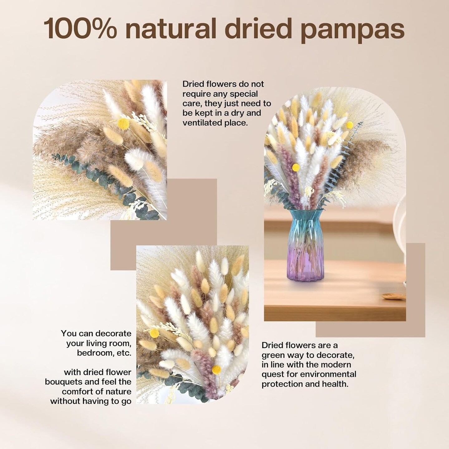102pcs Dried Pampas Grass Flower Bouquet Decor(Beige)