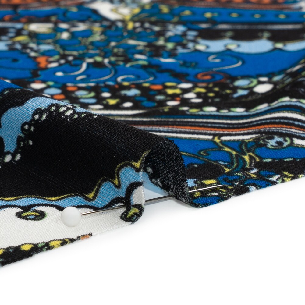 1 Yard Blue, Orange and Black Fancy Diagonal Stripes Silk Jersey 44" Wide, Abstract Stripe Fabric for Dresses & Tops