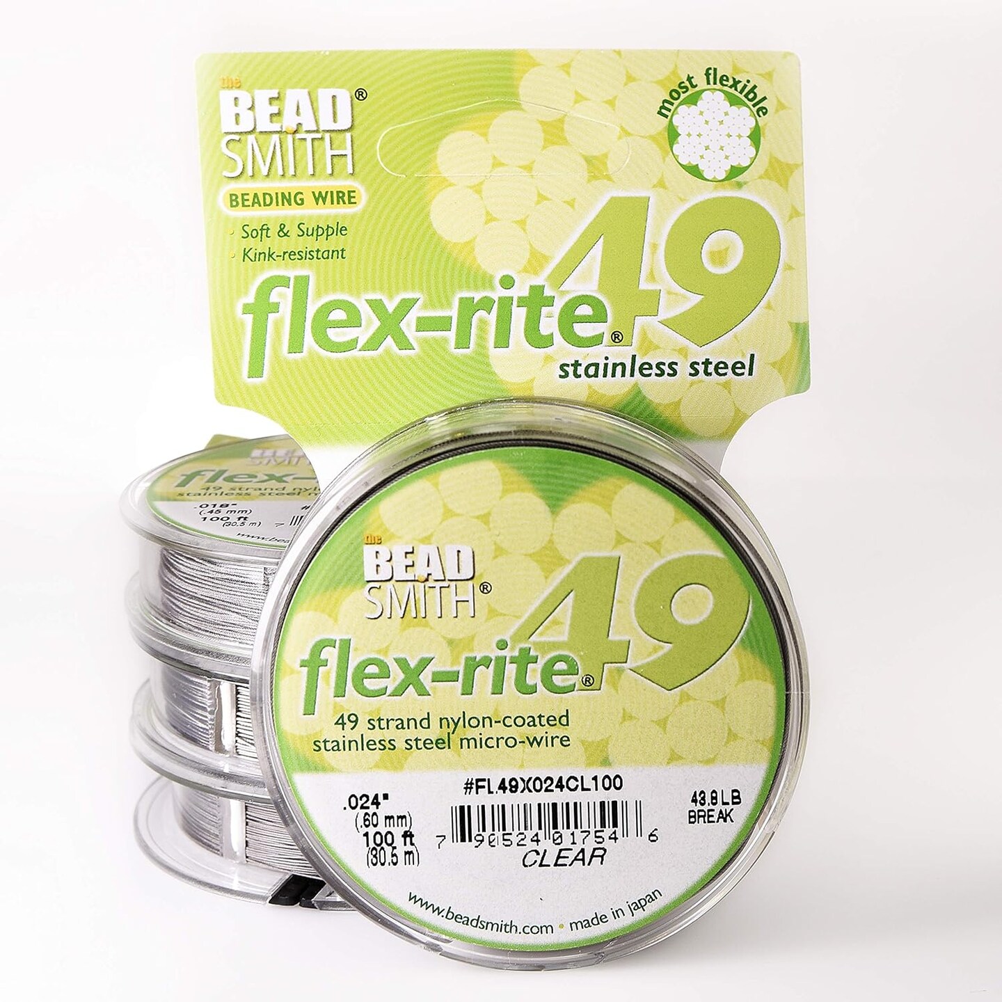 The Beadsmith Flex-Rite Beading Wire - Stainless Steel Micro Flexible Wire, 49 Strand, Clear Color, .024&#x22; Diameter, 100-Foot Spool, Nylon Coated
