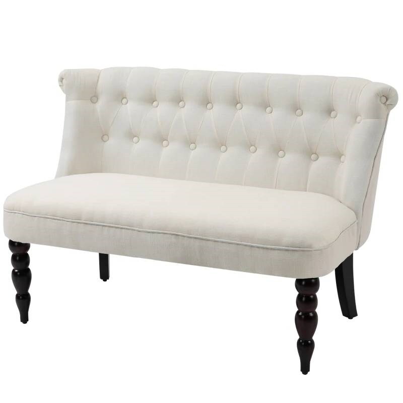 Scandinavian 2-Seater Loveseat in Cream White Linen with Button-Tufted Backrest and Wooden Legs