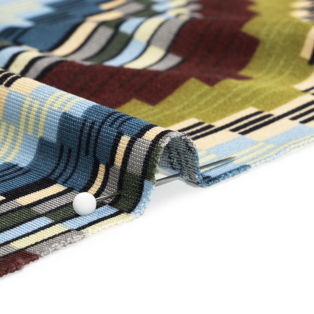 1 Yard Blue, Olive and Russet Making Waves Silk Jersey 45" Wide, Geometric & Striped Fabric for Dresses, Skirts, Tops