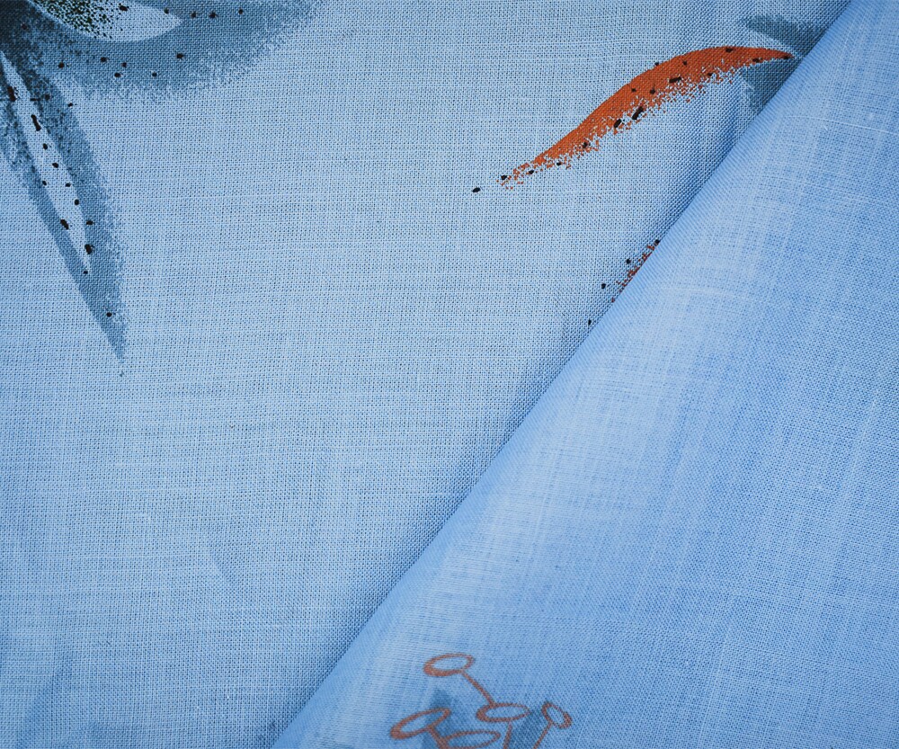 Blue-Orange-Multi Lily Printed Linen Woven Fabric By the Yard