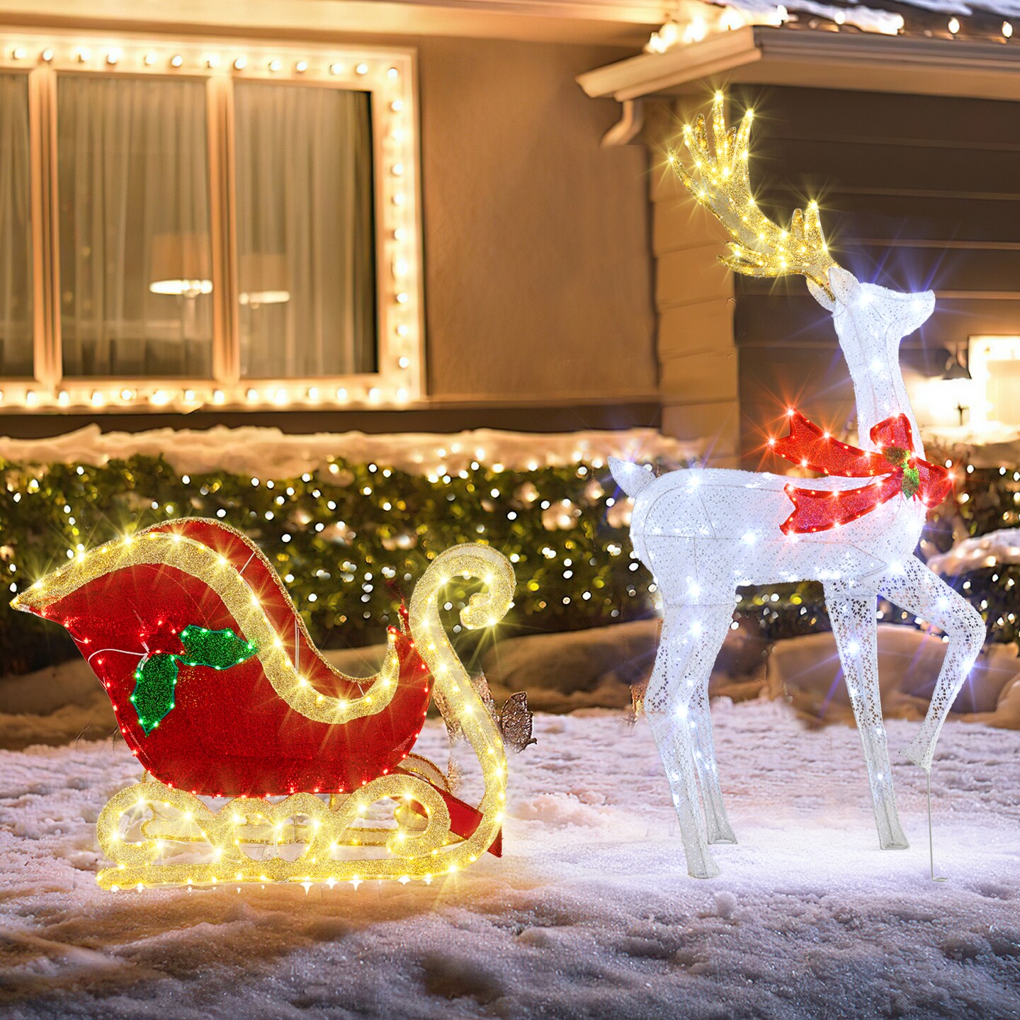 White Red Green Outdoor LED Christmas Reindeer and Sleigh Yard Decoration with 462 Lights