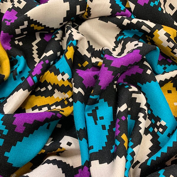 Turquoise Digital Floral Print Rayon Challis Fabric By the Yard