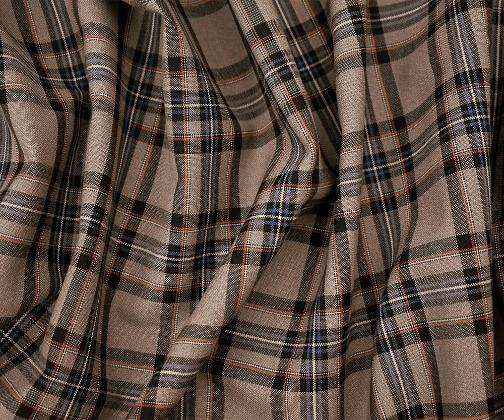 Brown-Orange-Multi Wool-Poly Plaid Woven Shirting Fabric By the Yard