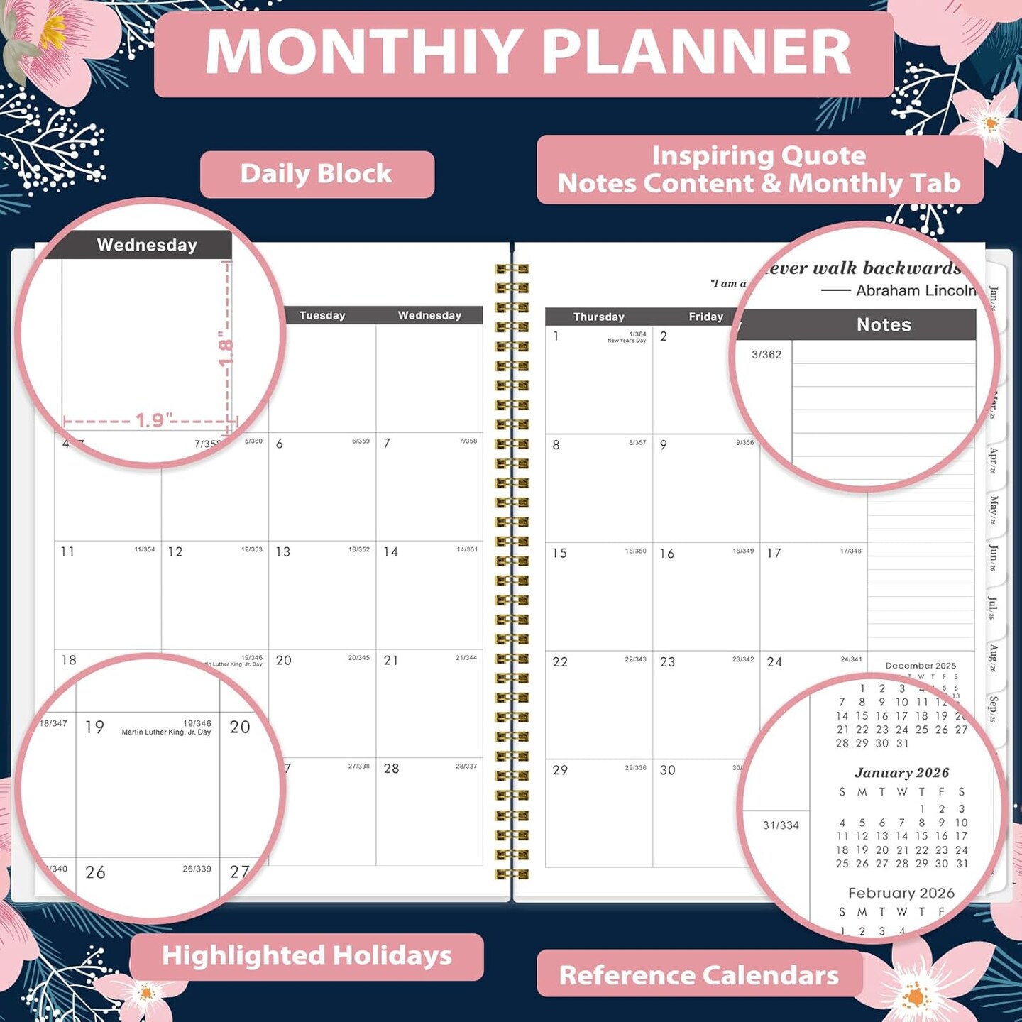 2026-2027 Monthly Planner/Calendar - Jan. 2026 - Dec. 2027, 9&#x22; x 11&#x22; Planner 2026-2027, 2-Size Pocket, Monthly Tabs, Premium Paper