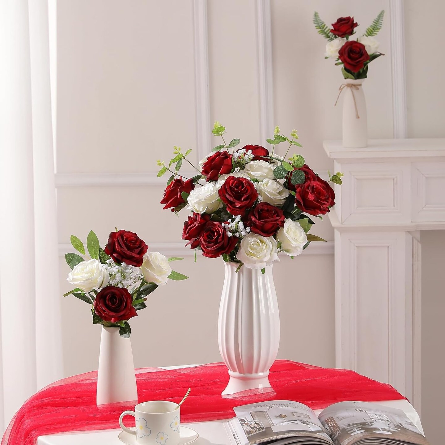 24pcs Artificial Burgundy Roses – Realistic Silk Flowers with Long Stems for Wedding, Bridal Bouquet, Party, Table Centerpiece, Home & Event Decor