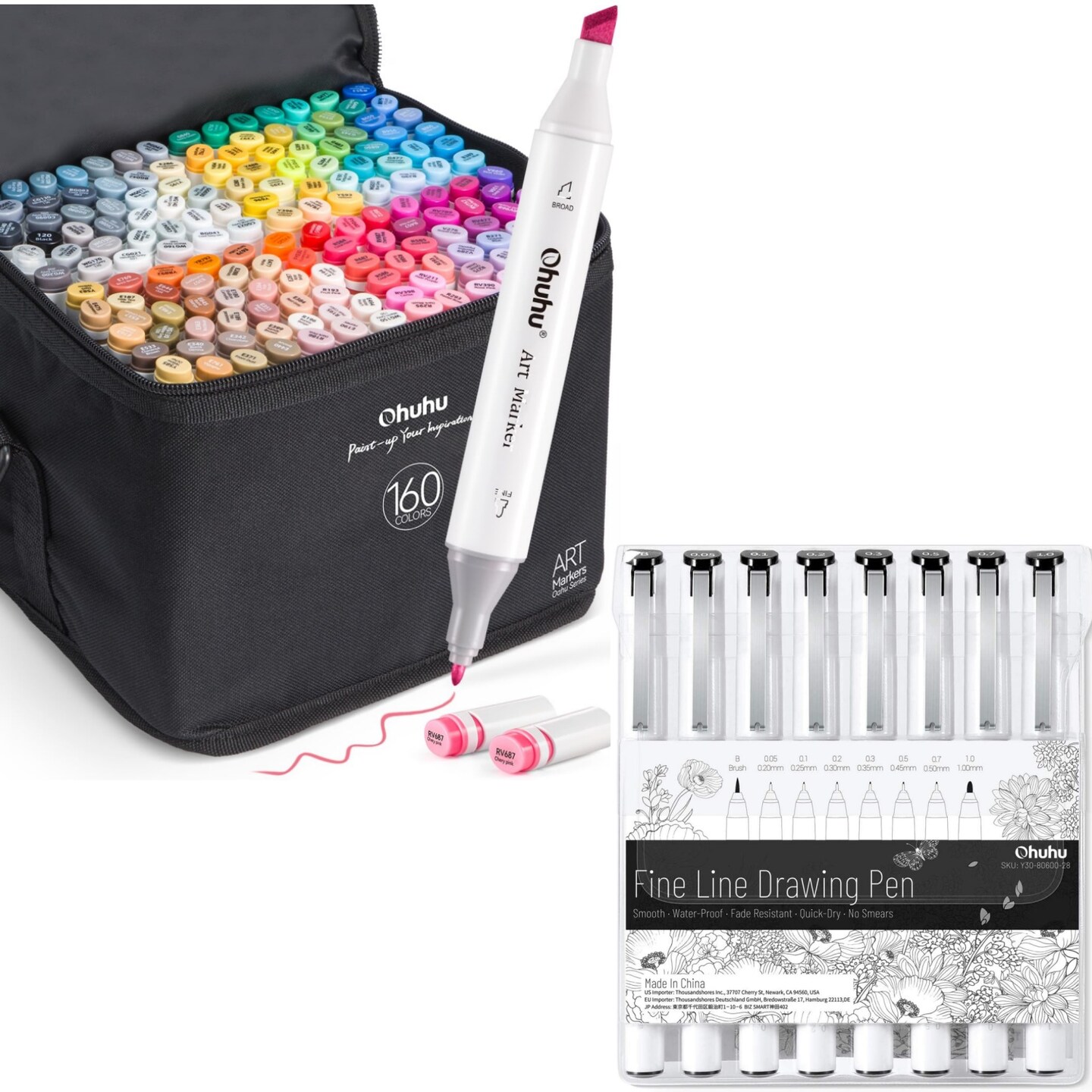 Ohuhu Oahu 160 Colors Alcohol Markers + Ohuhu 8-size Tips (Ultra-fine, Fine &#x26; Brush) Fineliner Pens