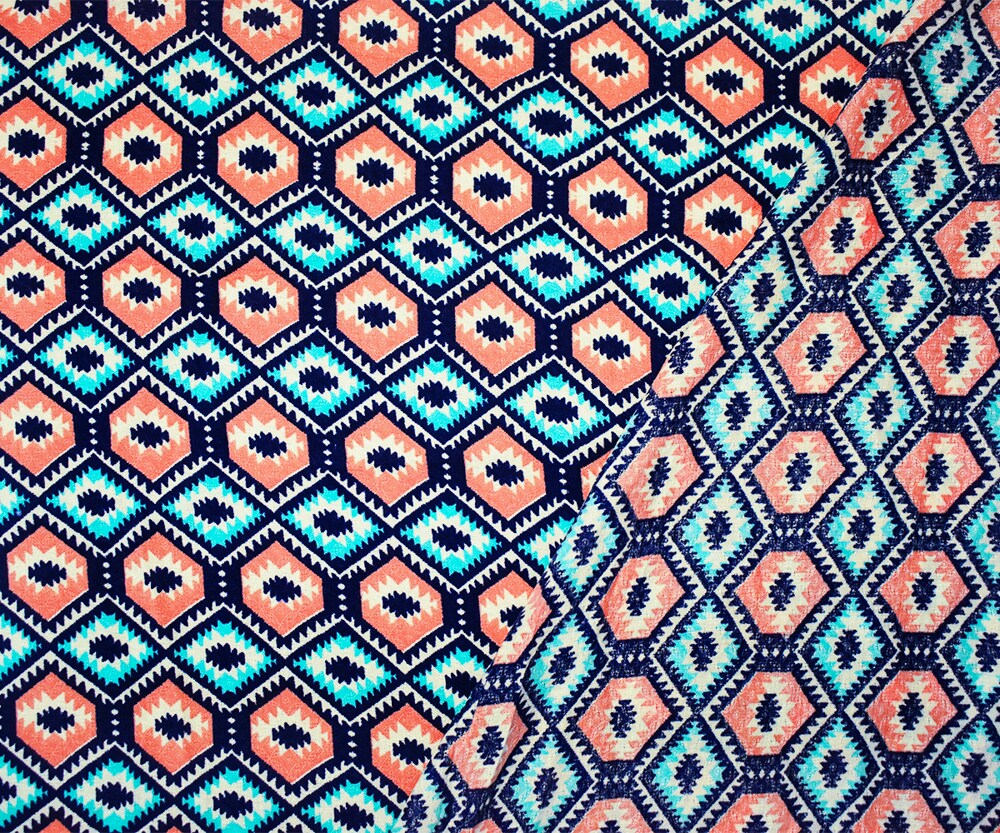 Coral-Teal-Multi Cotton Aztec Border Printed Dobby Woven Fabric By the Yard