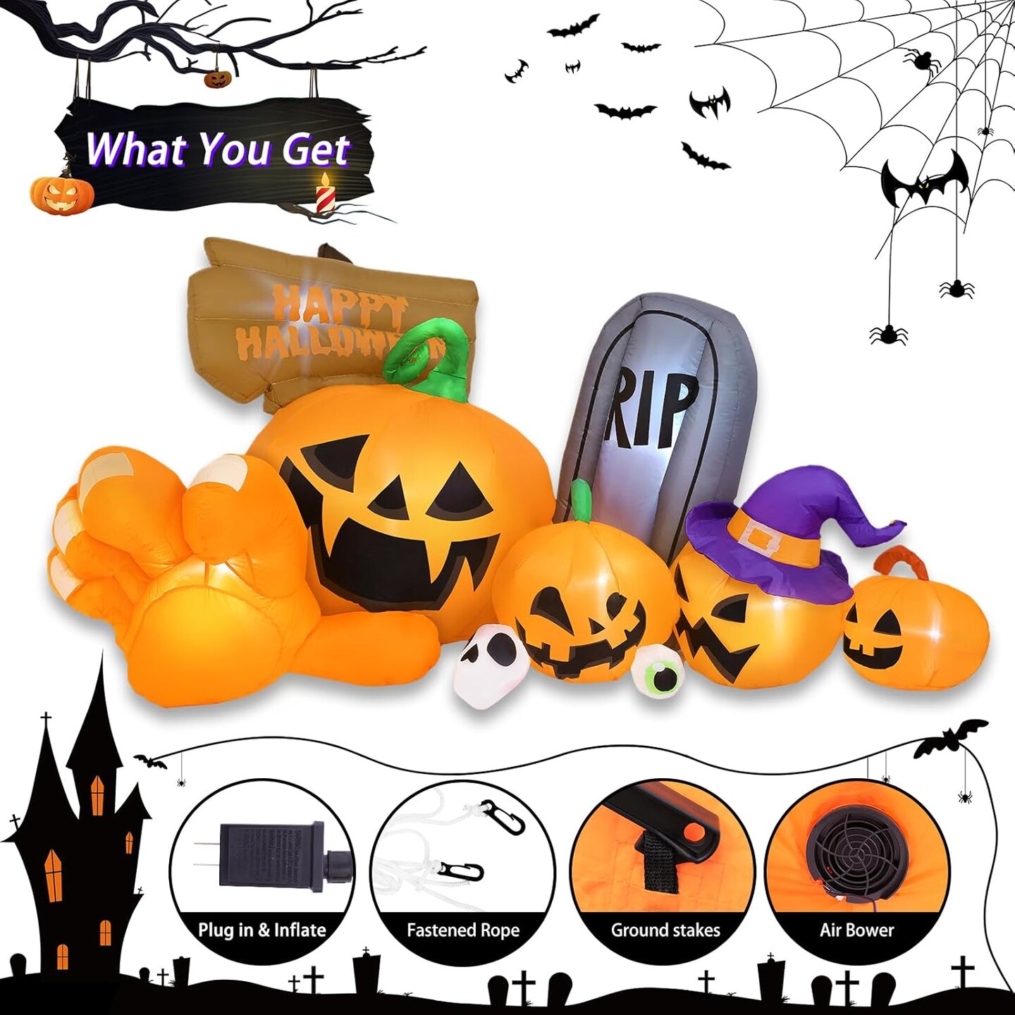 Long Inflatable Blow Ups Yard Decoration Pumpkin with Build-in LEDs(Main Orange)