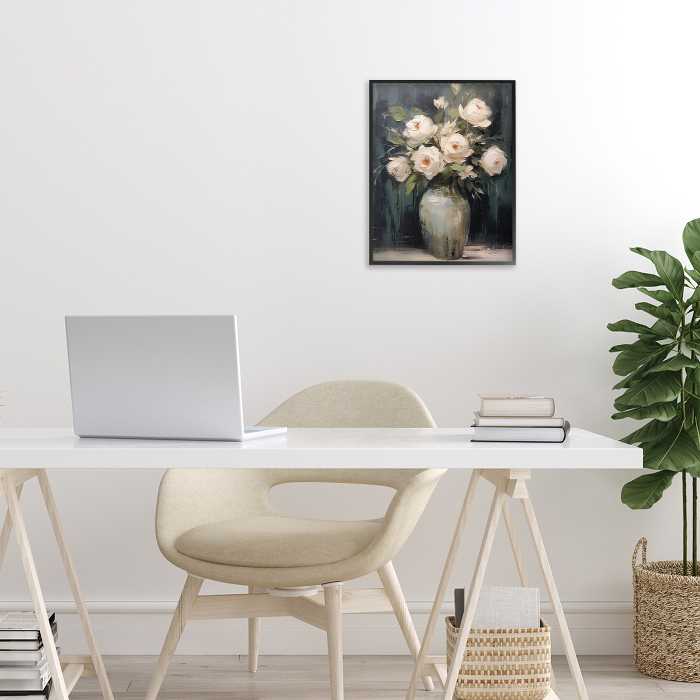 Stupell Industries White Roses in Dark Vase Framed Giclee, design by LSR Creative Studio