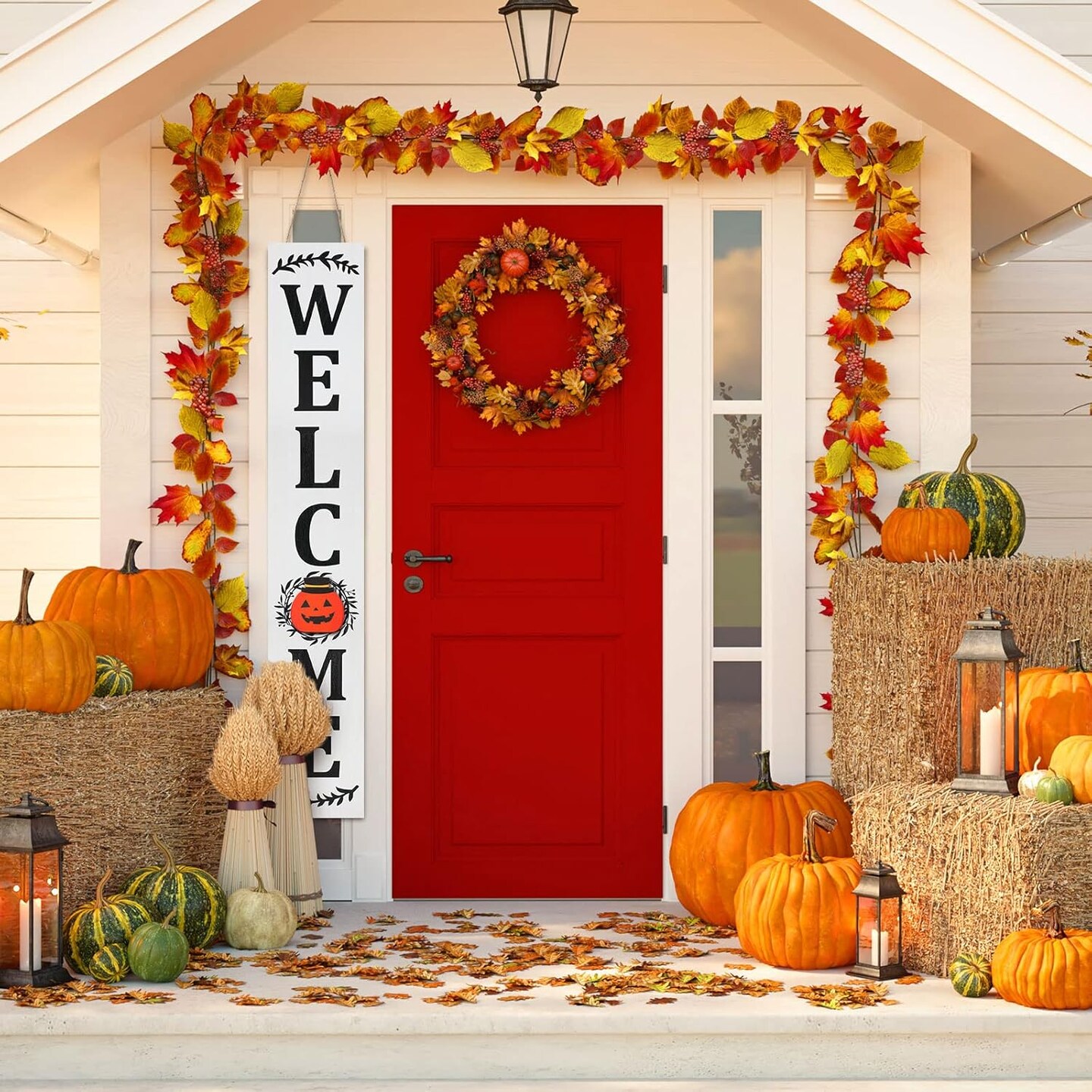 Welcome Sign for Front Porch Standing 47&#x27;&#x27;x8&#x27;&#x27; Large Hanging Wooden(White Backing)