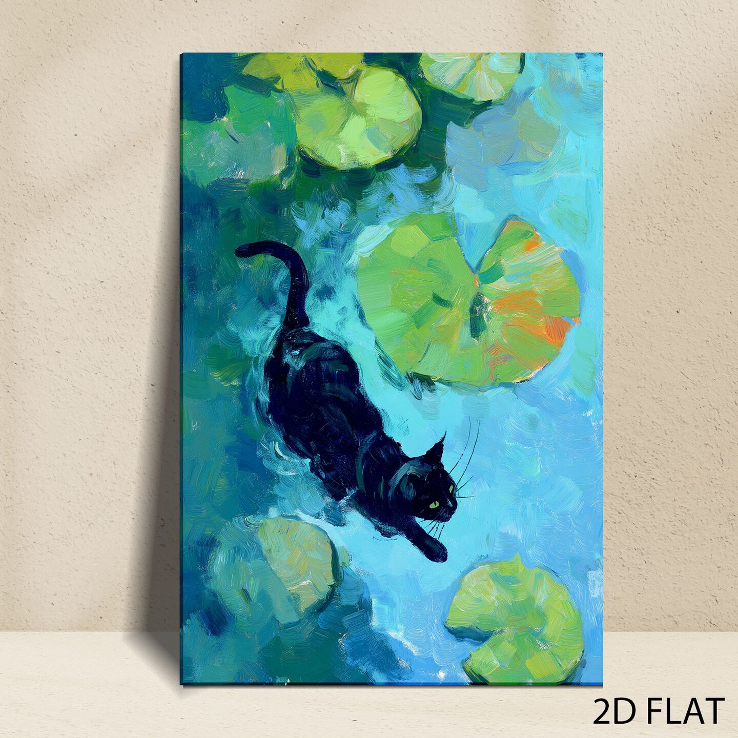 Black Cat in Pond Canvas Wall Decor - Premium Pine Frame, Mortise - Tenon Joint &#x26; Non - Toxic Water - Based Ink | 12*8inch
