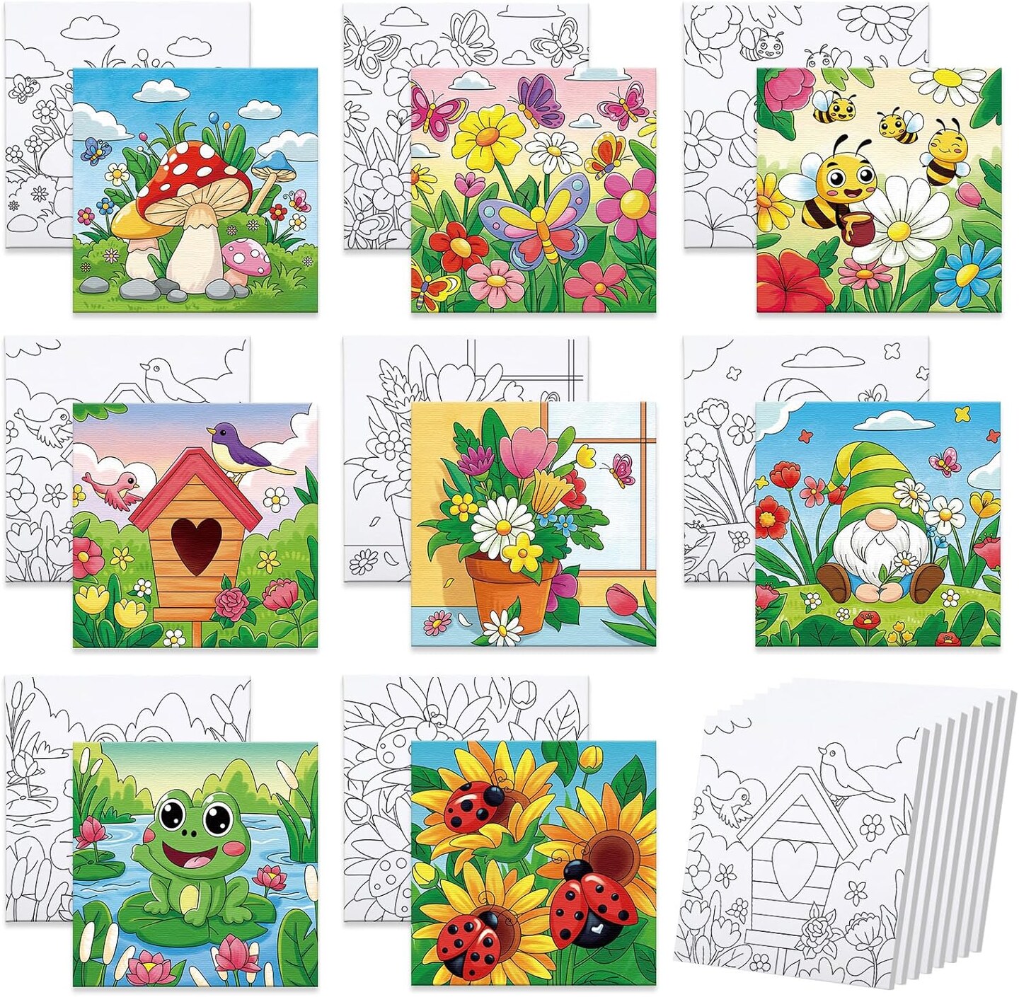 8 Pack Pre Drawn Canvas for Painting, 8" X 8" Cute Animals Painting Canvas Bulk, Art Canvases for Painting for Kids Students School Home (Spring)