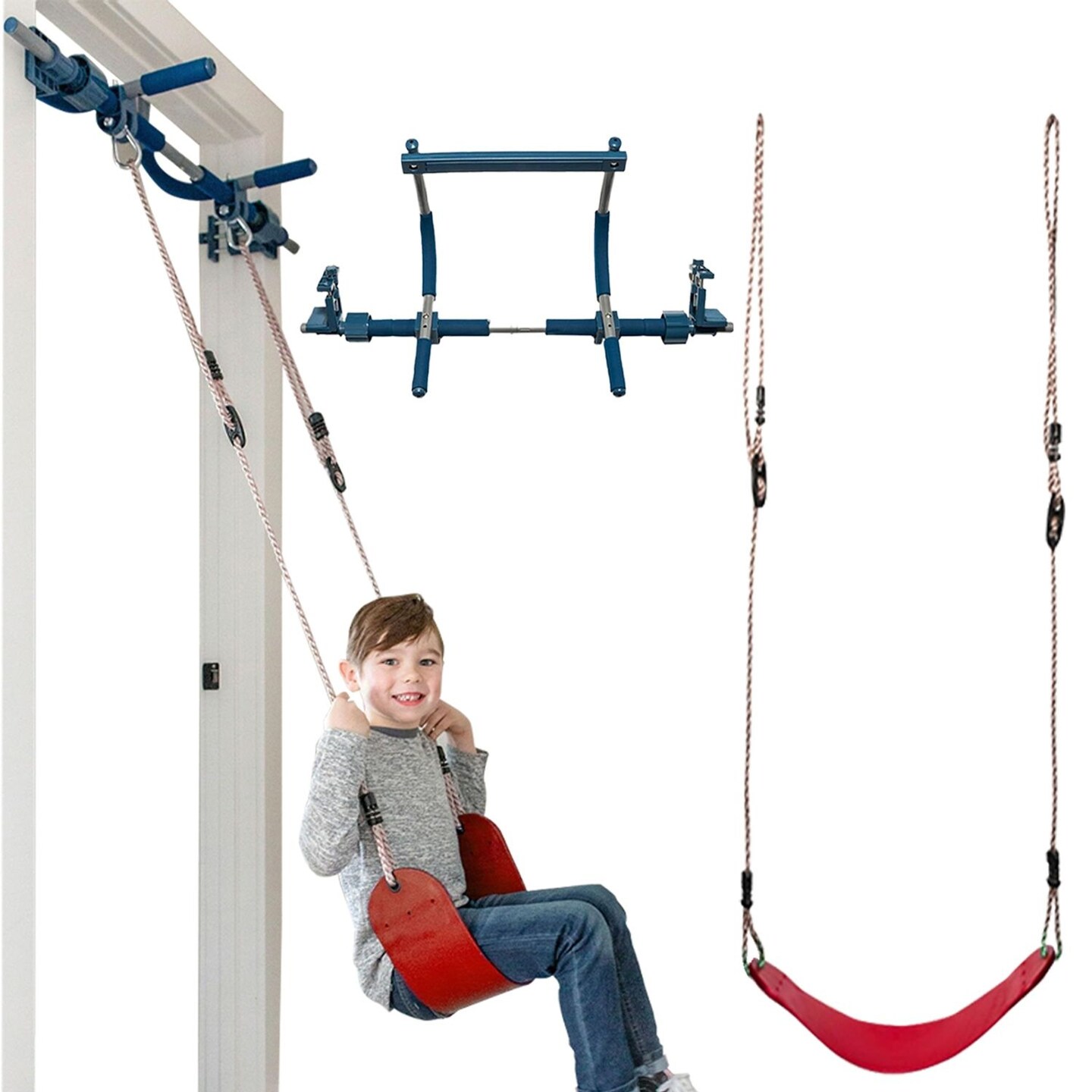Gym1 2-Piece Doorway Gym for Kids and Teens Ages 3–14, Includes Door Sensory Swing, Indoor Pull-Up Bar for Fun & Fitness, Holds Up to 300 Lbs, Red