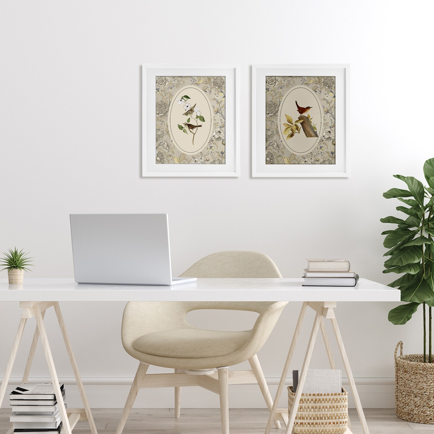 Stupell Industries Vintage Birds & Toile 2pc Framed Print Under Glass Set, design by Radhika Modi