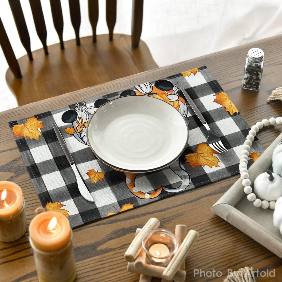 Set of 4 Buffalo Plaid Gnome Fall Placemats - 12x18 Inch