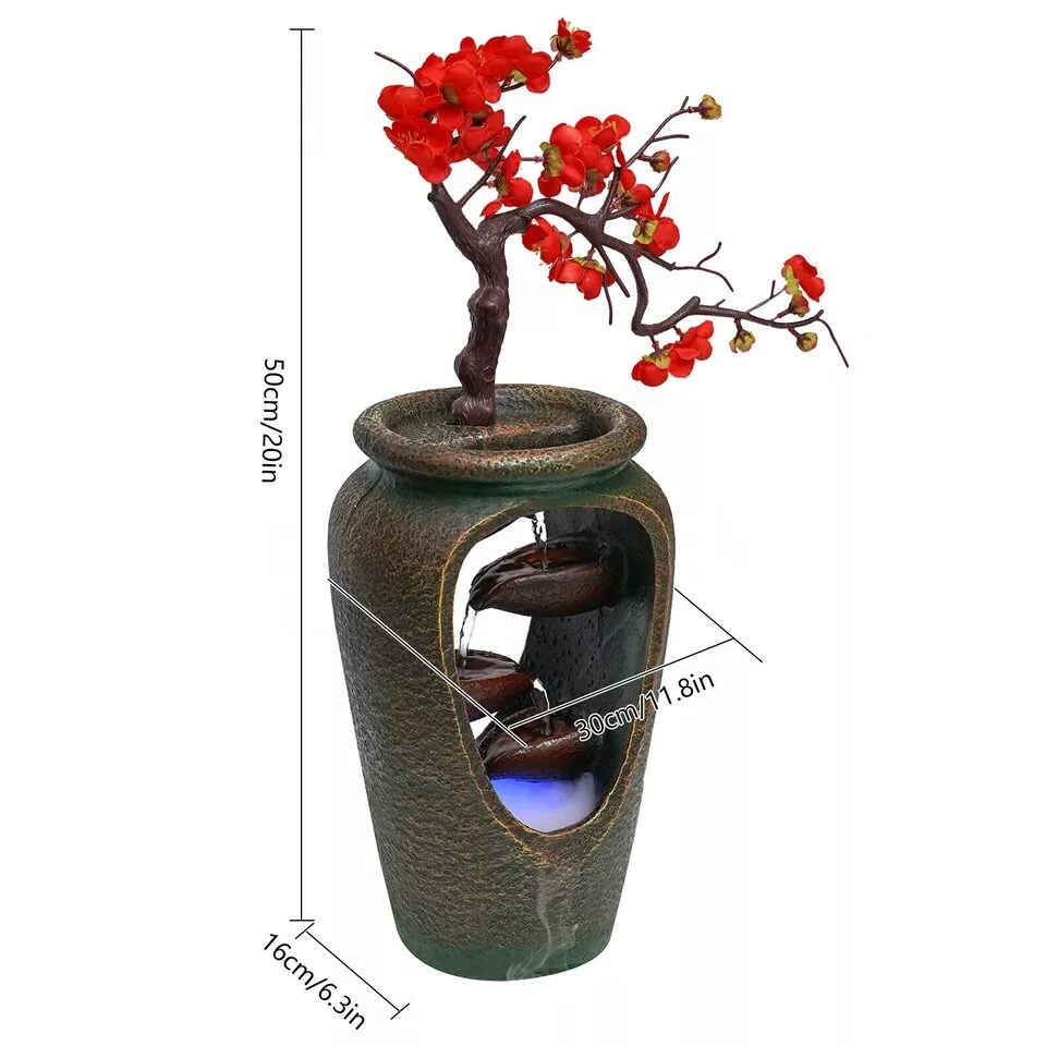 Flower Vase Waterfall Table Top LED Light Indoor Water Fountain FengShui Decor