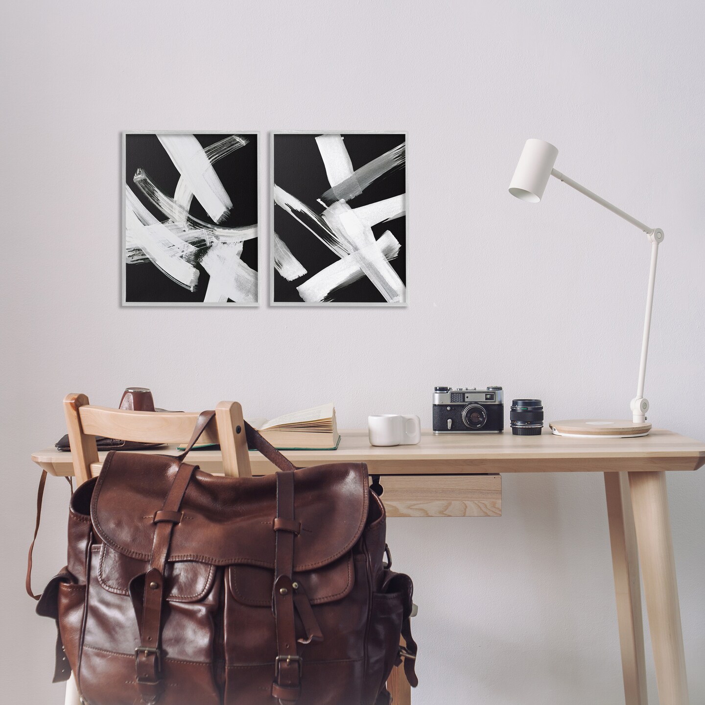 Stupell Industries Abstract Lines White on Black 2 pc Framed Giclee Wall Art Set Design by Susan Jill