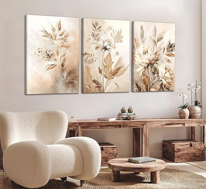 3 Pcs Beige Neutral Flower Canvas Wall Art Wildflowers Floral Botanical Painting Picture Wall Decor Poster Print Artwork for Bedroom Living Room Home Decoration