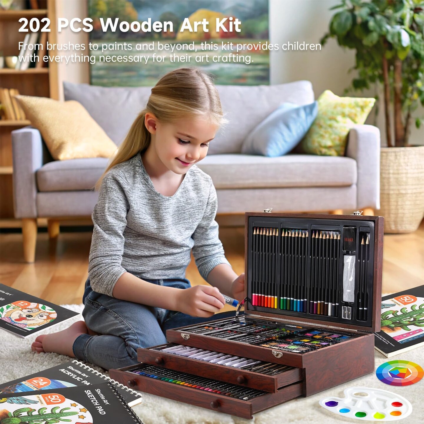 Deluxe Gift Art Kit, 202-Piece Wooden Art Supplies Set with 4 Drawing Pads, Canvases, Coloring Sheets, Acrylic Paint, Crayons, Oil Pastels, Colored Pencils for Kids