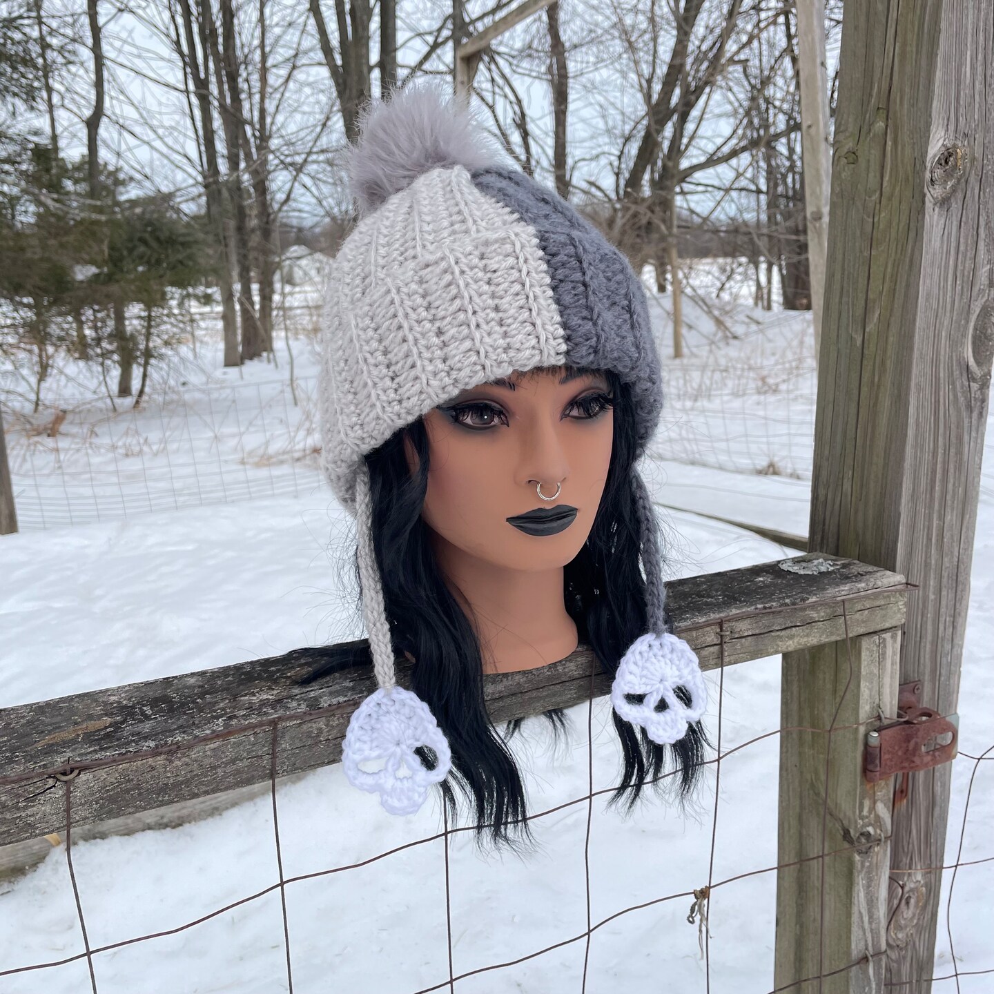 Crochet Skull Tassel Pom Pom Beanie - two tone gray alternative Crochet Skull Tassel Pom Pom Beanie - two tone gray alternative