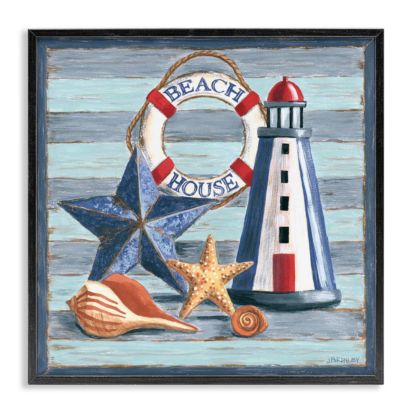 Stupell Industries Rustic Beach House on Stripes Framed Giclee Wall Art Design by Jennifer Brinley