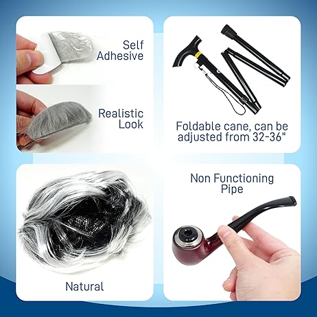 4E's Novelty Old Man Costume 10 Pcs Set for Kids ages 3-14 Years - 100 Days of School Costume for Boys Dress Up Accessories Includes Wig Cane