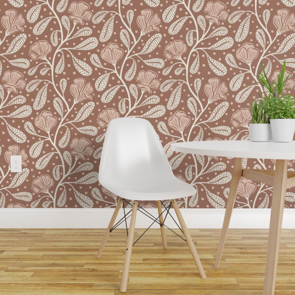 Peel &#x26; Stick Wallpaper 2FT Wide Earth Tone Floral Botanical Dots Flowers Vines Abstract Monochromatic Brown Beige Neutral Earthy Prairie Rustic Farmhouse Blush Custom Removable Wallpaper by Spoonflower