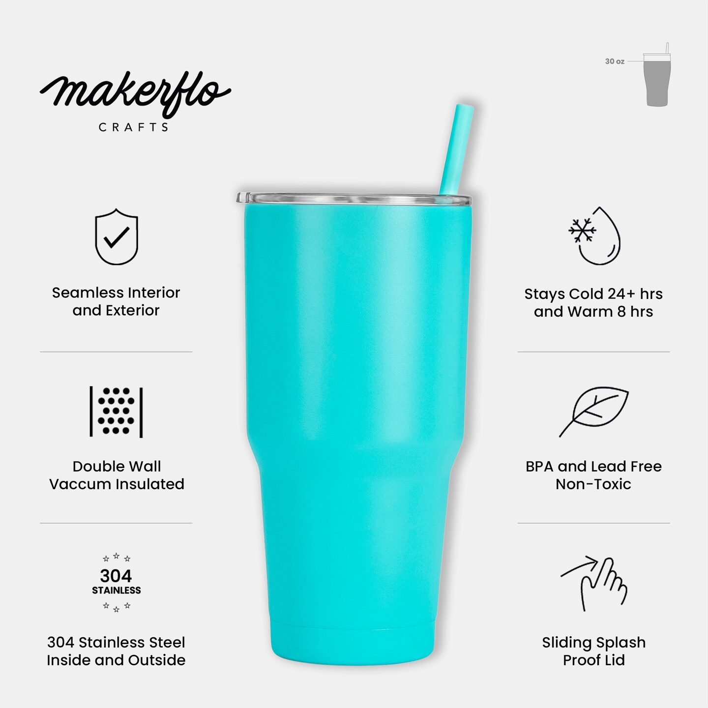 Makerflo 30 oz Powder Coated Tumbler and Handle Sold Separately, Includes a Sliding Splash &#x26; Leak Proof Lid, Ideal for Craft and Personalization (Laser Engraving, UV DTF, Epoxy, and Vinyl)
