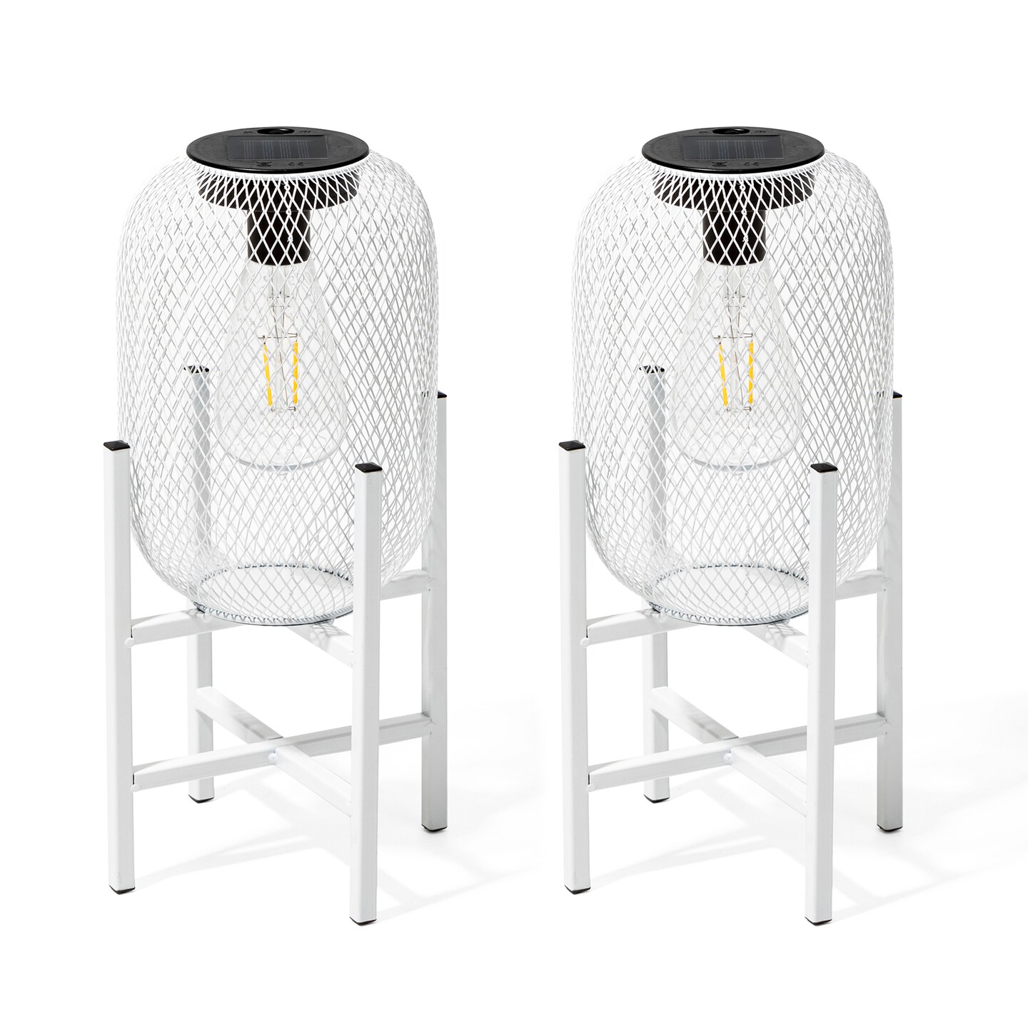Set of 2 White Metal Mesh Solar Powered Edison Bulb Outdoor Lantern with Stand
